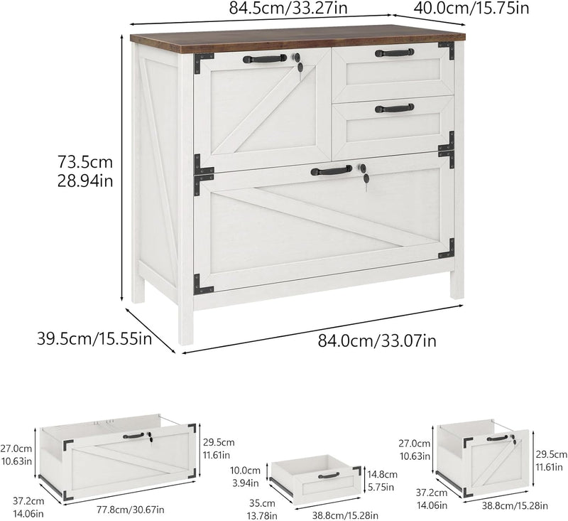 Farmhouse Lateral Filing Cabinet 3 Drawer Wooden File