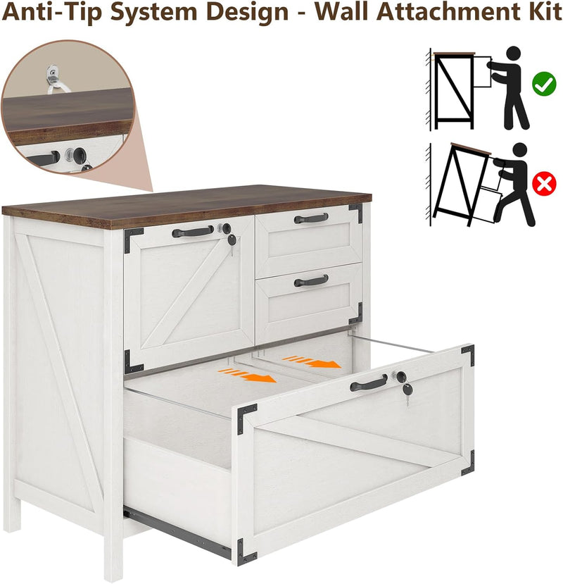 Farmhouse Lateral Filing Cabinet 3 Drawer Wooden File