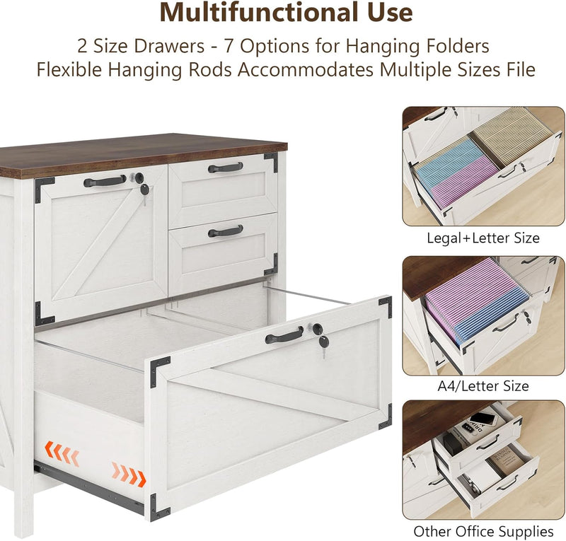 Farmhouse Lateral Filing Cabinet 3 Drawer Wooden File