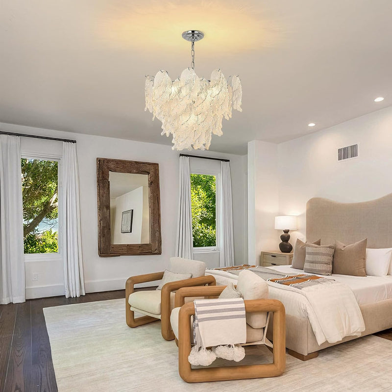 Leaf Textured Glass Chandelier Chrome Pendant for Dining