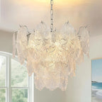 Leaf Textured Glass Chandelier Chrome Pendant for Dining