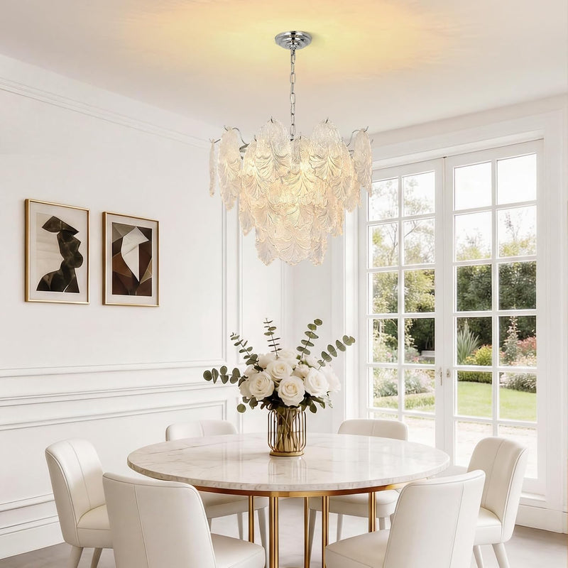 Leaf Textured Glass Chandelier Chrome Pendant for Dining