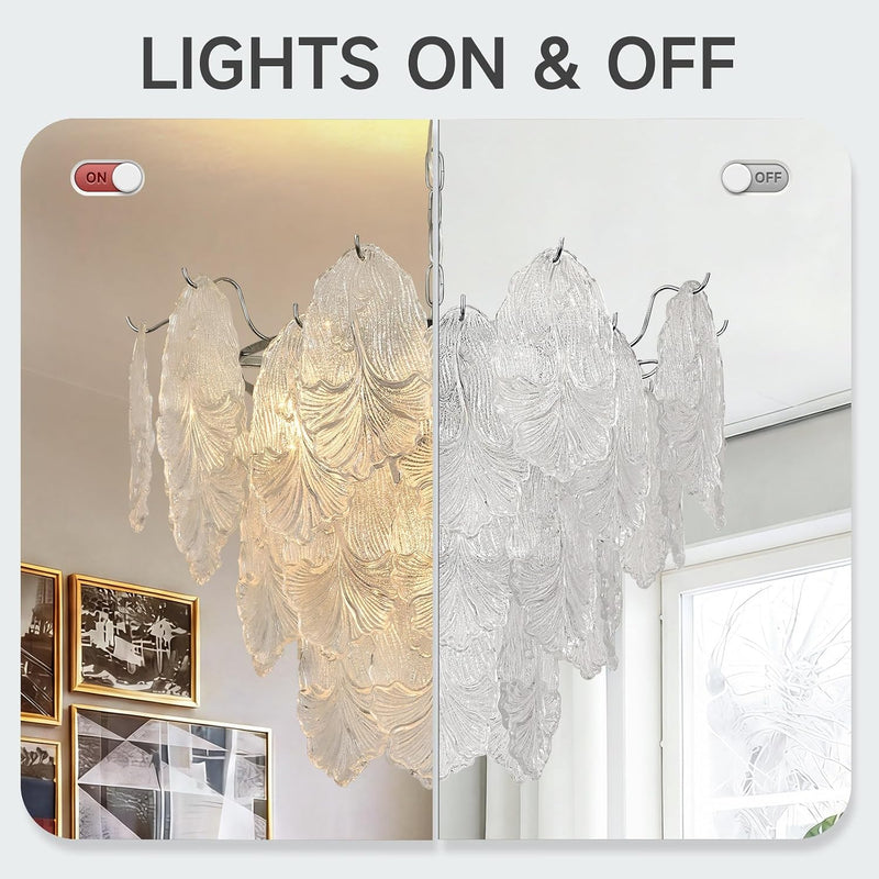 Leaf Textured Glass Chandelier Chrome Pendant for Dining