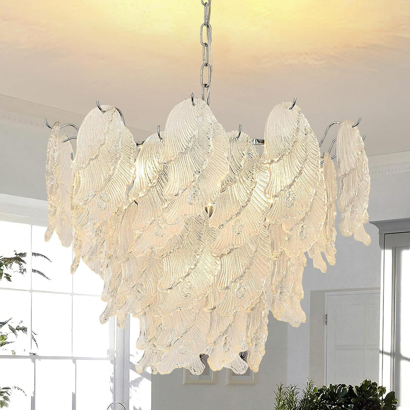 Leaf Textured Glass Chandelier Chrome Pendant for Dining