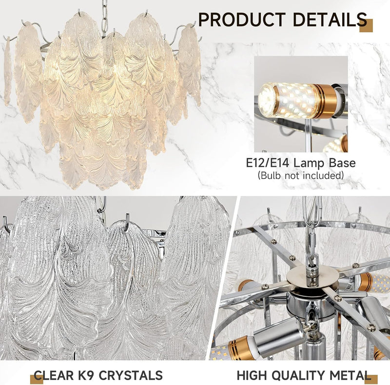 Leaf Textured Glass Chandelier Chrome Pendant for Dining