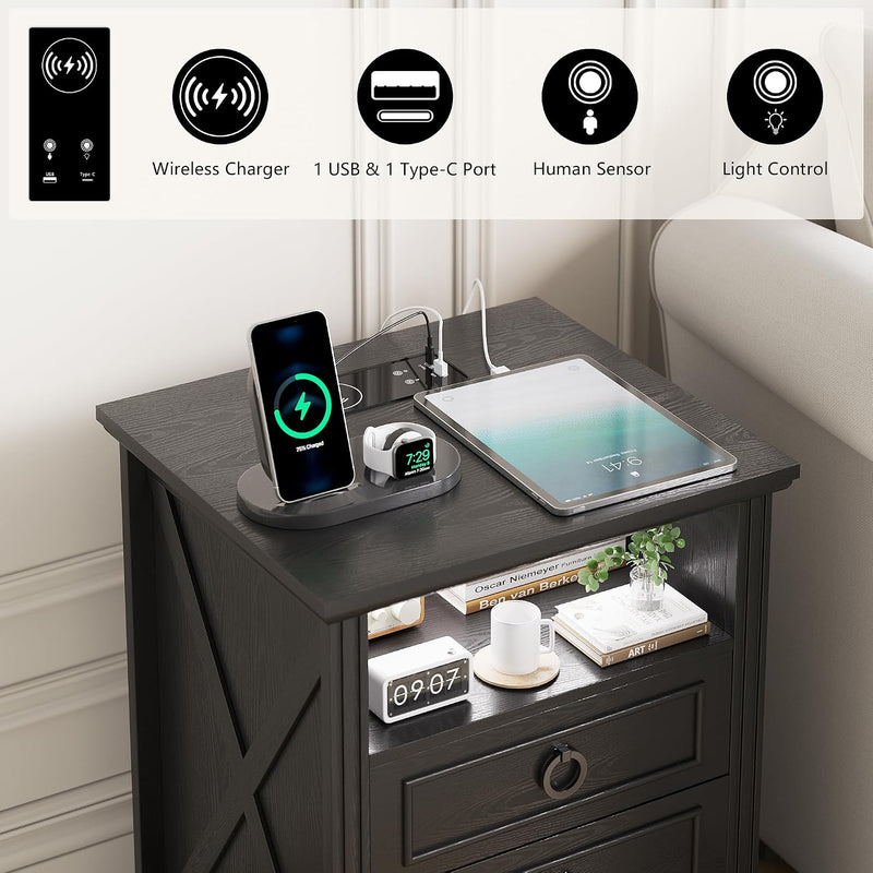 LED Bedside Table with Charging Station
