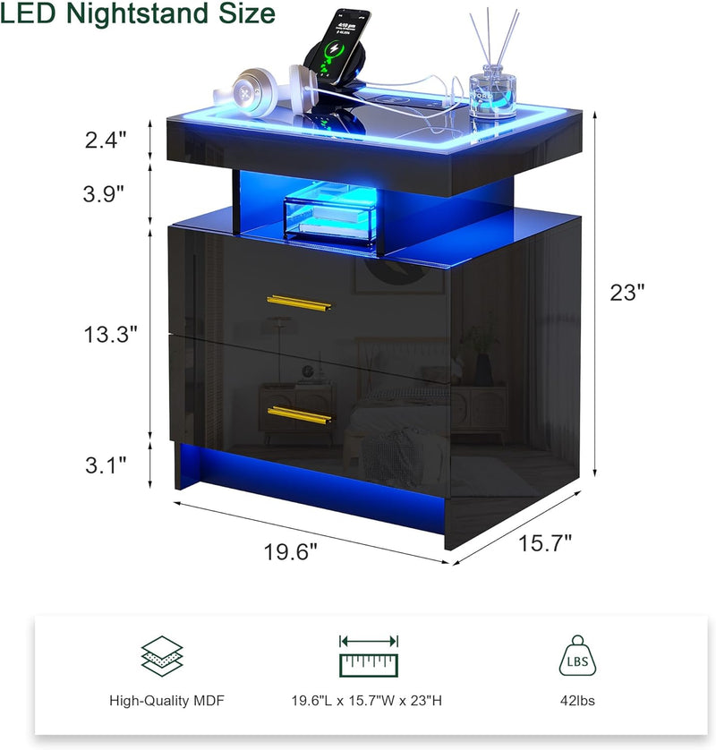 LED Bedside Table with Charging Station 2 Drawers