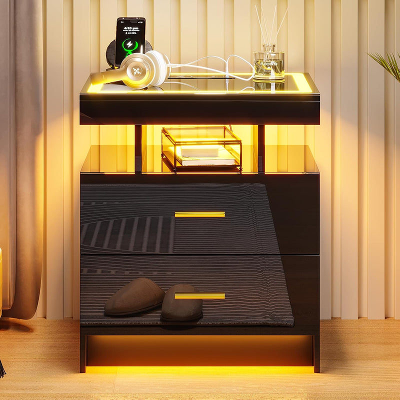 LED Bedside Table with Charging Station 2 Drawers