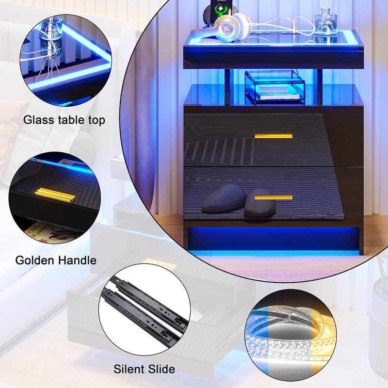 LED Bedside Table with Charging Station 2 Drawers