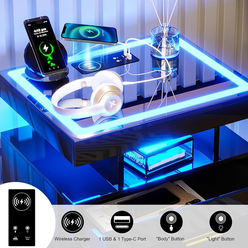 LED Bedside Table with Charging Station 2 Drawers