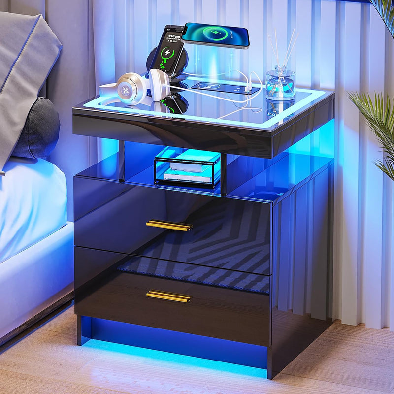 LED Bedside Table with Charging Station 2 Drawers