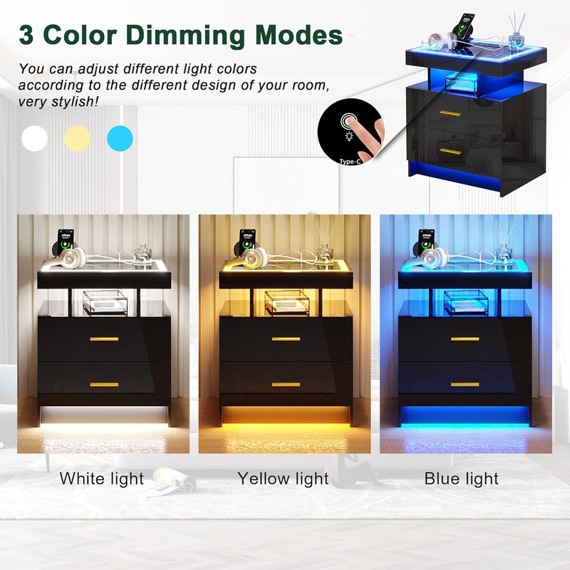 LED Bedside Table with Charging Station 2 Drawers