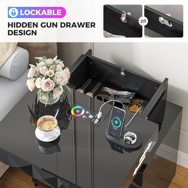 Bedside Table with Hidden Drawer for Bedroom Charging