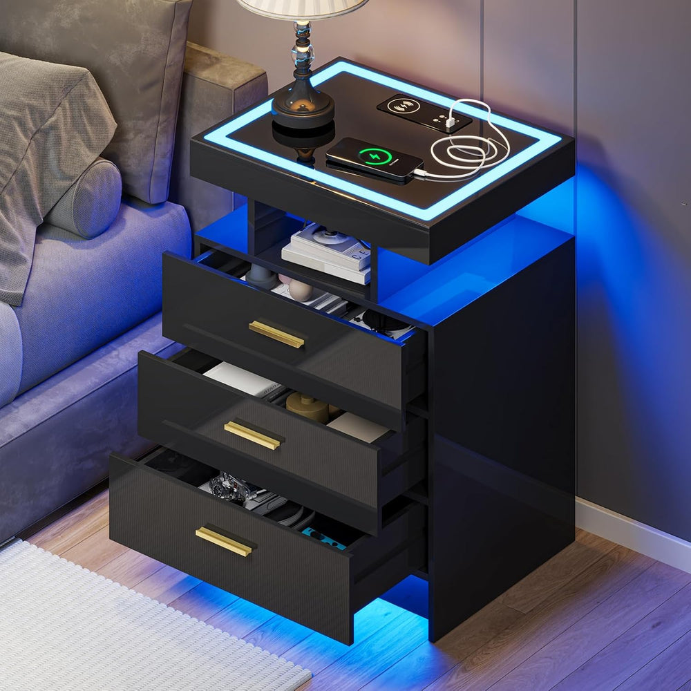 LED Bedside Table with Glass Top and 3