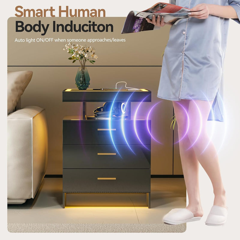 LED Bedside Table with Glass Top and 3