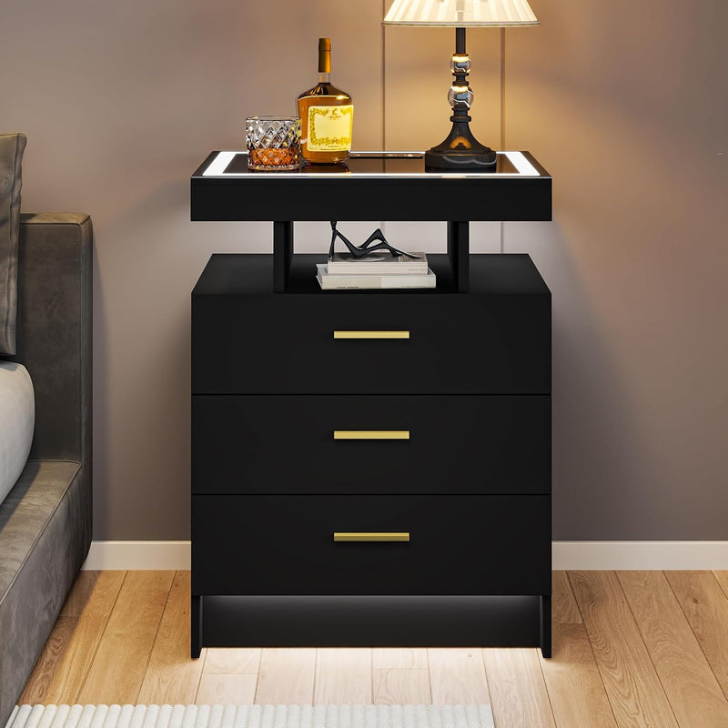 LED Bedside Table with Glass Top and 3