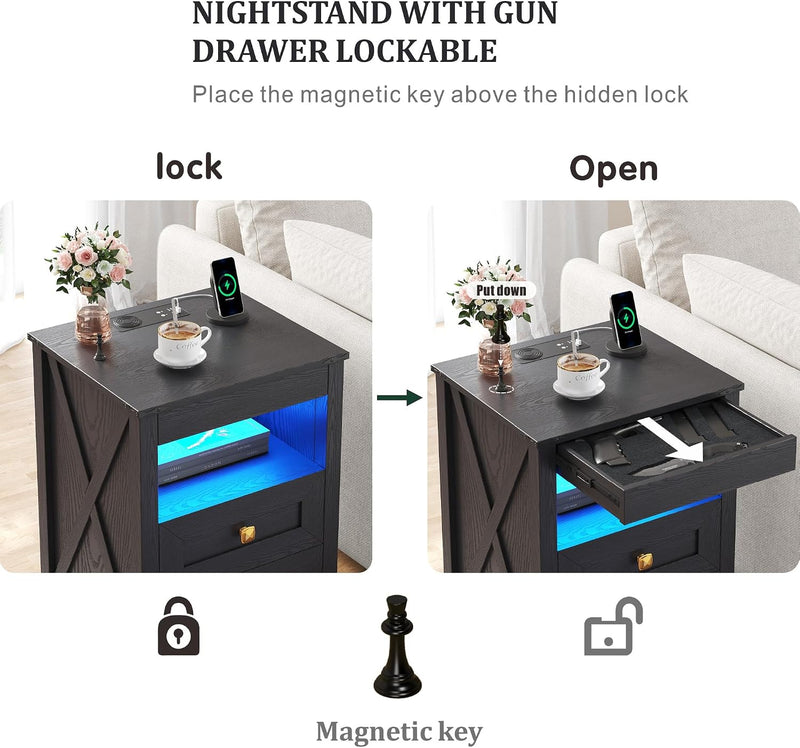 LED Bedside Table with Hidden Drawer for Bedroom