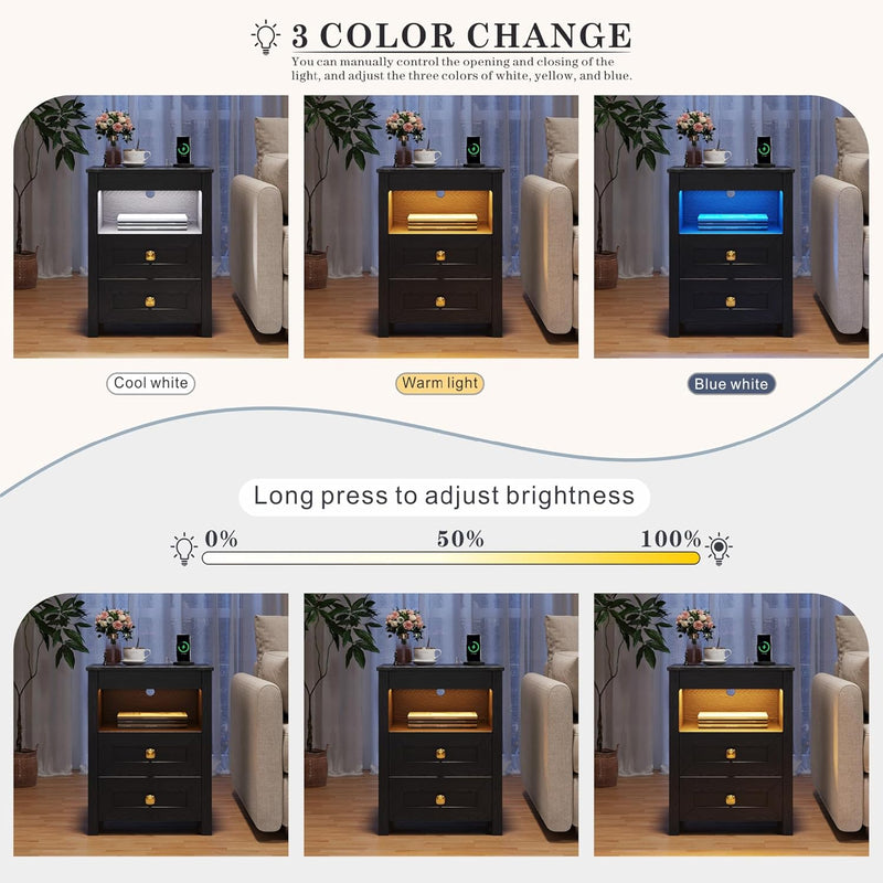 LED Bedside Table with Hidden Drawer for Bedroom