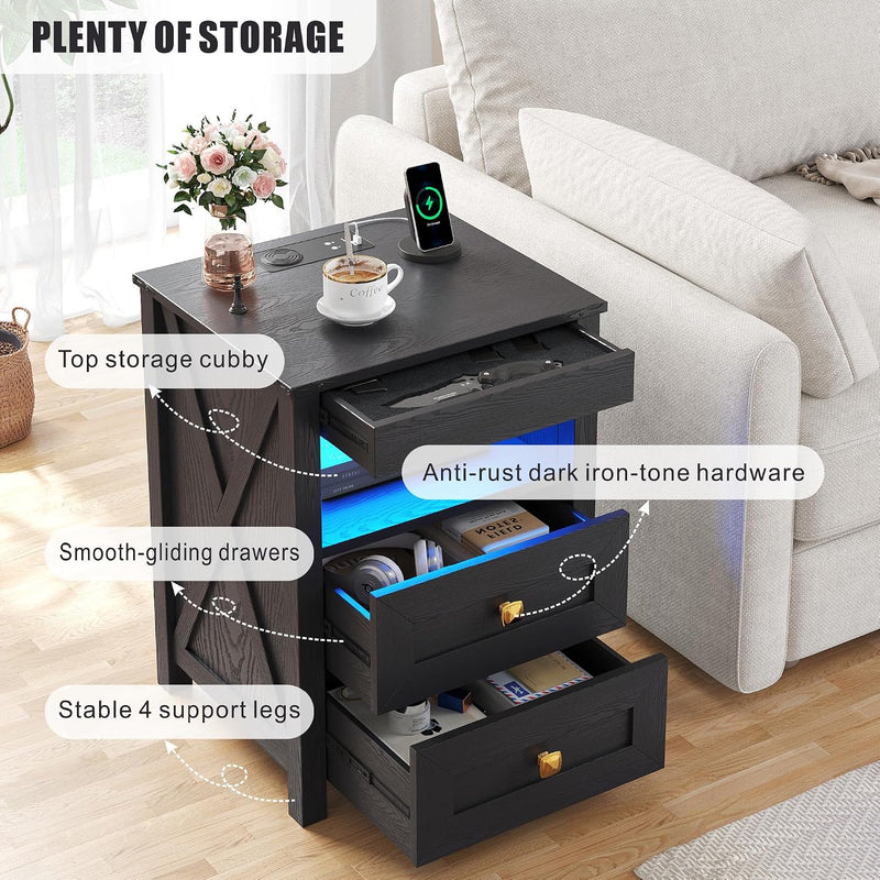 LED Bedside Table with Hidden Drawer for Bedroom