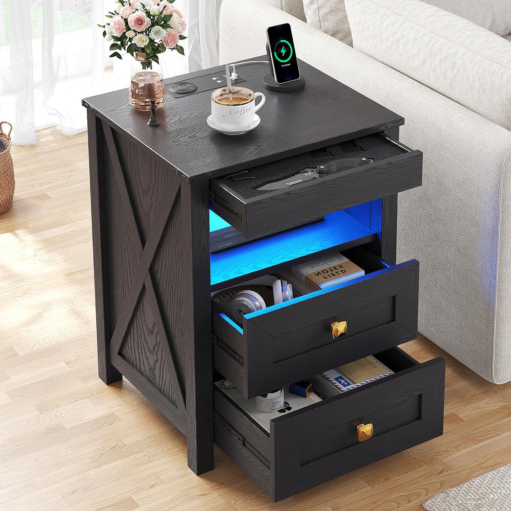 LED Bedside Table with Hidden Drawer for Bedroom