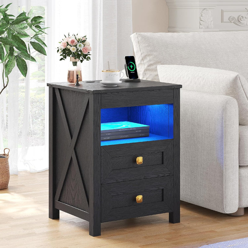 LED Bedside Table with Hidden Drawer for Bedroom
