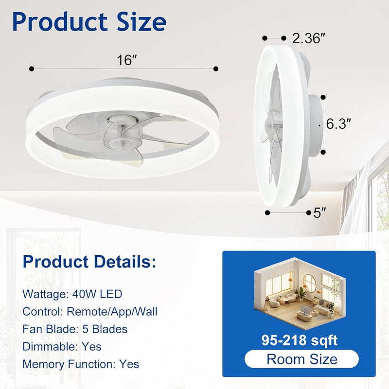 LED Ceiling Fan with Light: 16" Modern Low