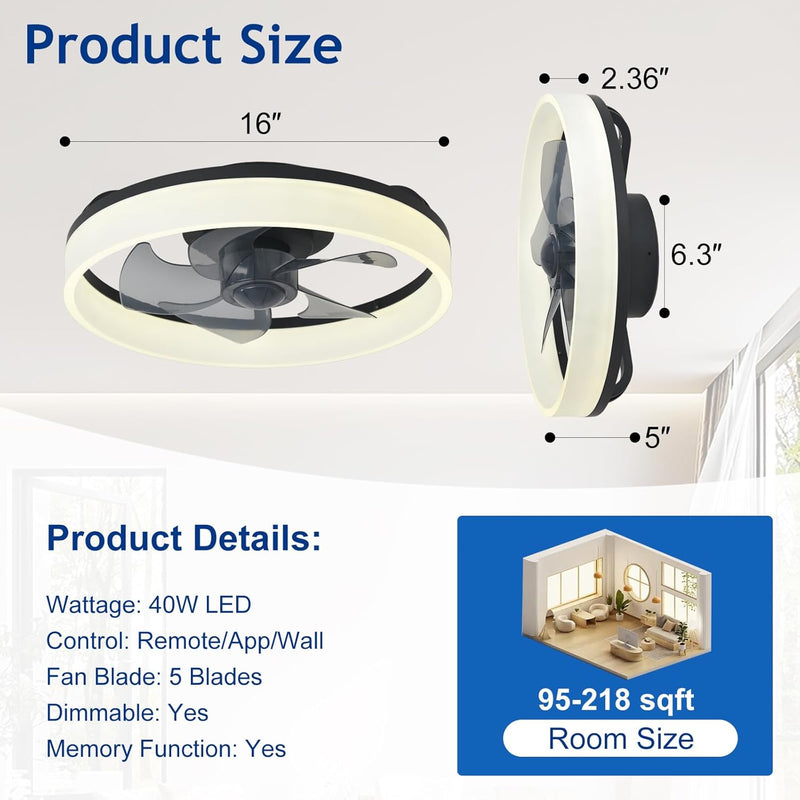 LED Ceiling Fan with Light: 16" Modern Low