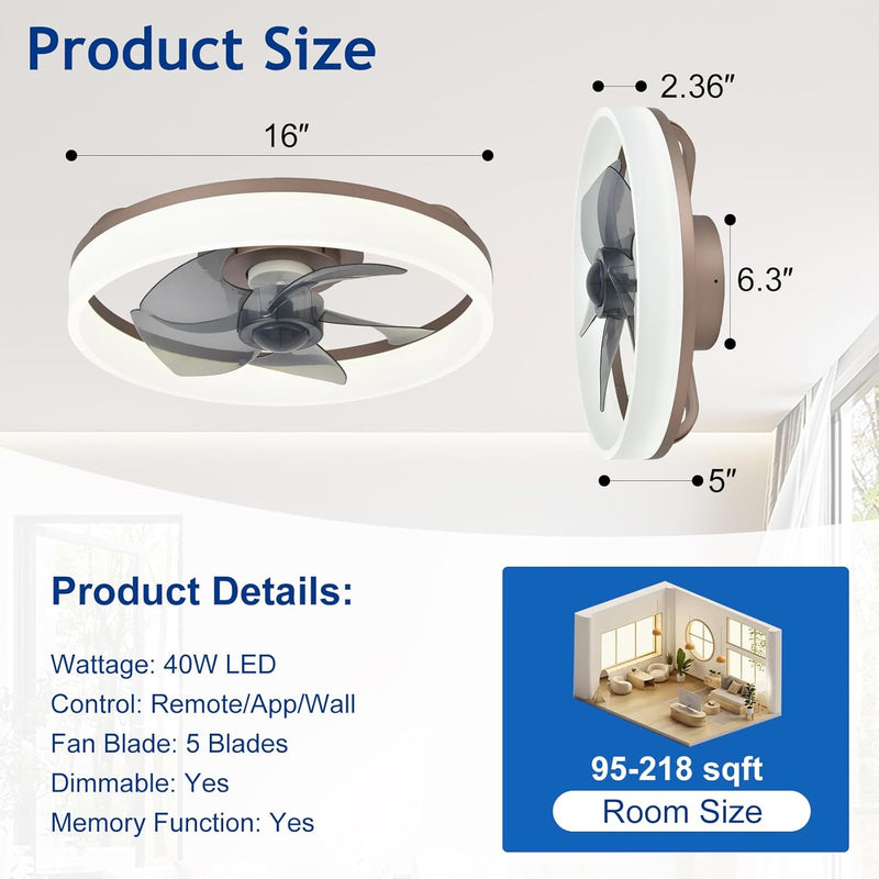 LED Ceiling Fan with Light: 16" Modern Low