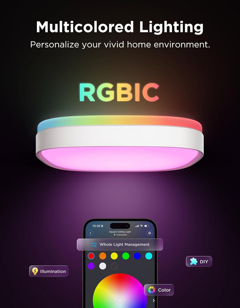 LED Ceiling Light 2400lm Smart Rgbic Lights Square