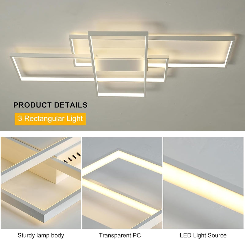 LED Ceiling Light 75W Modern Lamp 3-Squares Aluminium
