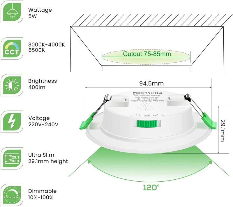 LED Downlights 5W Recessed Ceiling Lights Dimmable 3cct (12 Pack)