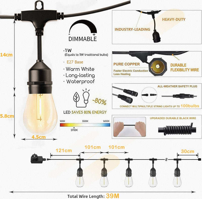 LED Outdoor String Lights S14 128FT 39m Festoon