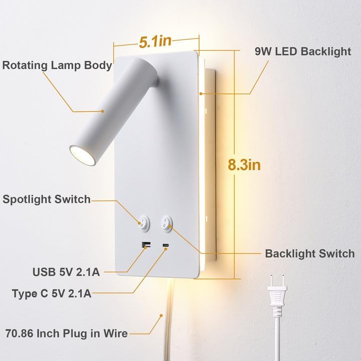 LED Wall Lamp Mounted Reading Lights Adjustable Headboard