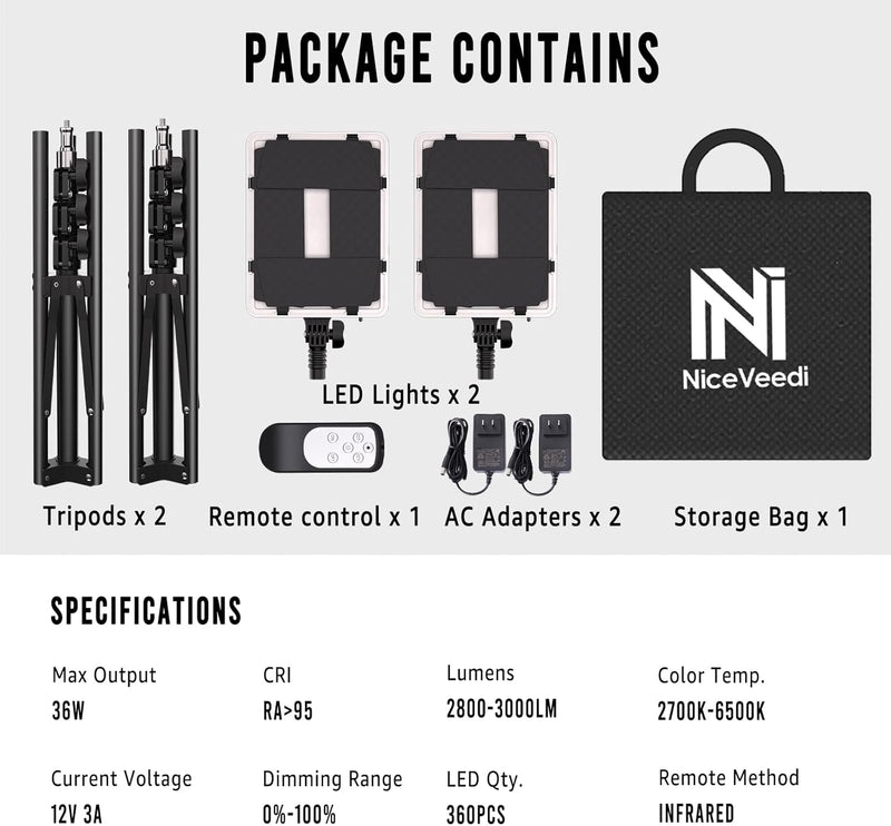 Lighting Bi-Colour Studio Lights -6500K 36W Dimmable LED (2 Pack)