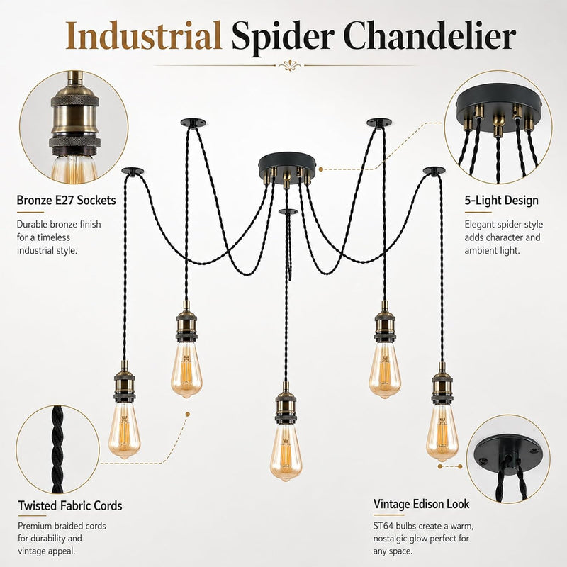 Lighting Industrial 5-Light Spider Pendant Light with Adjustable