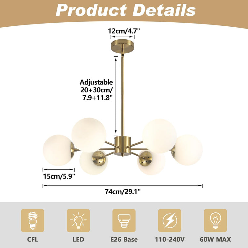 Lighting Mid Century Sputnik Chandelier 6-Light E27 Milk
