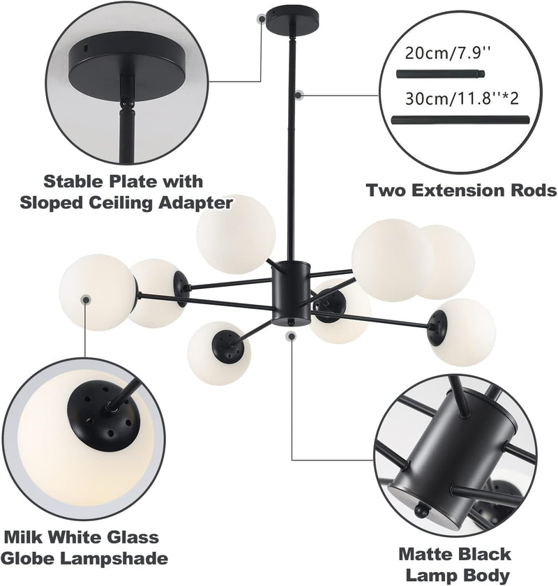 Lighting Mid Century Sputnik Chandelier 6-Light E27 Milk