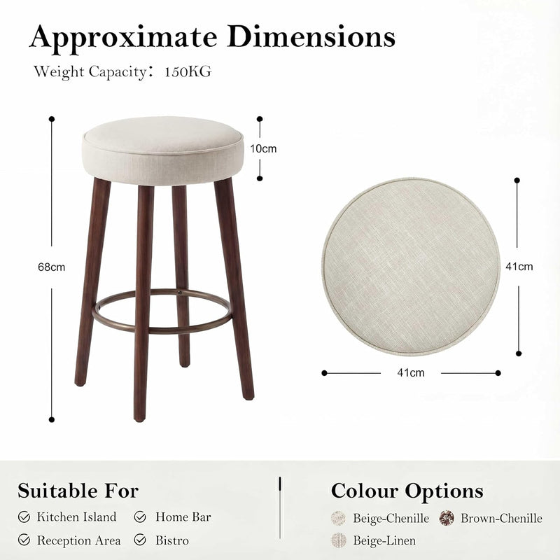 Linen Bar Stools 68CM Counter Height Upholstered Kitchen (Set of 2)