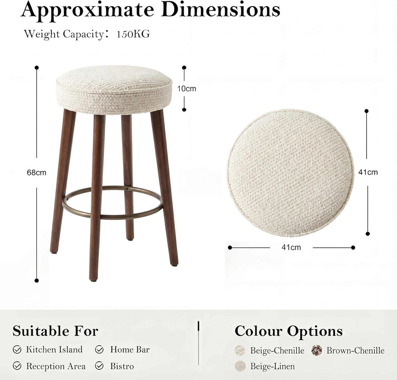 Linen Bar Stools 68CM Counter Height Upholstered Kitchen (Set of 2)
