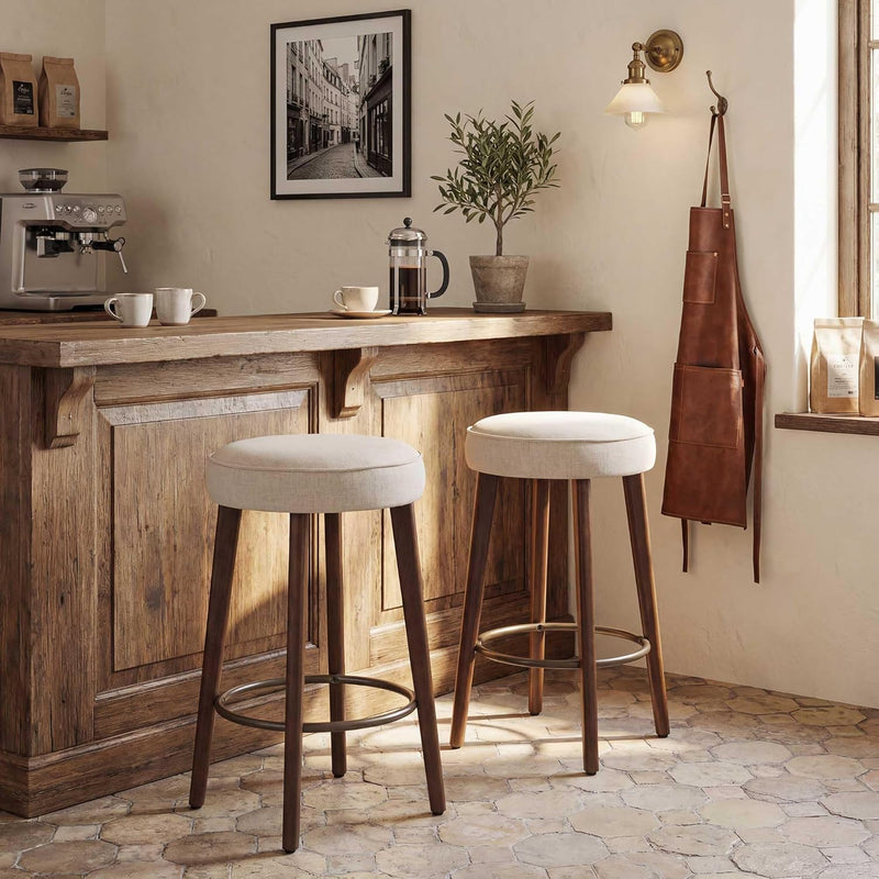 Linen Bar Stools 68CM Counter Height Upholstered Kitchen (Set of 2)