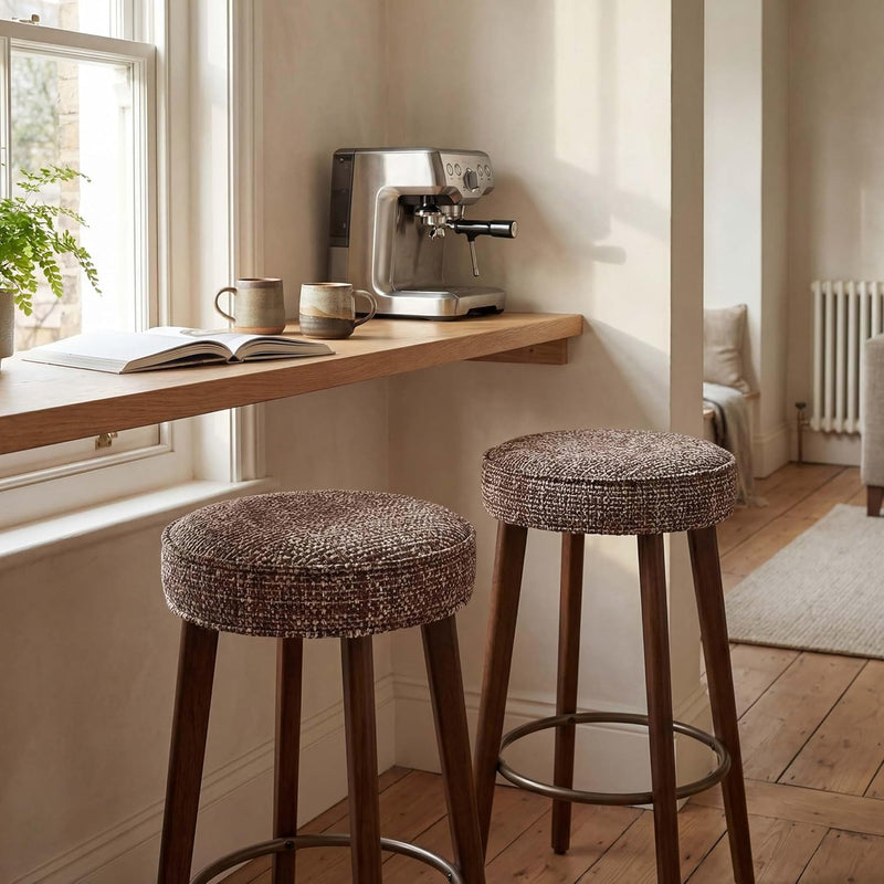 Linen Bar Stools 68CM Counter Height Upholstered Kitchen (Set of 2)