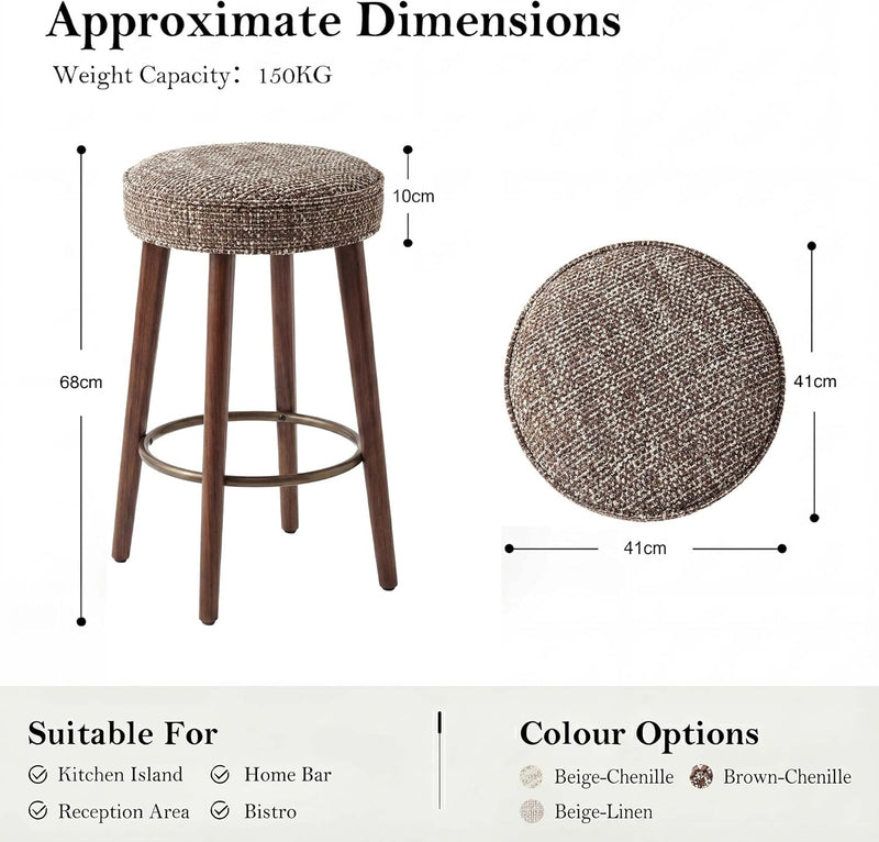 Linen Bar Stools 68CM Counter Height Upholstered Kitchen (Set of 2)