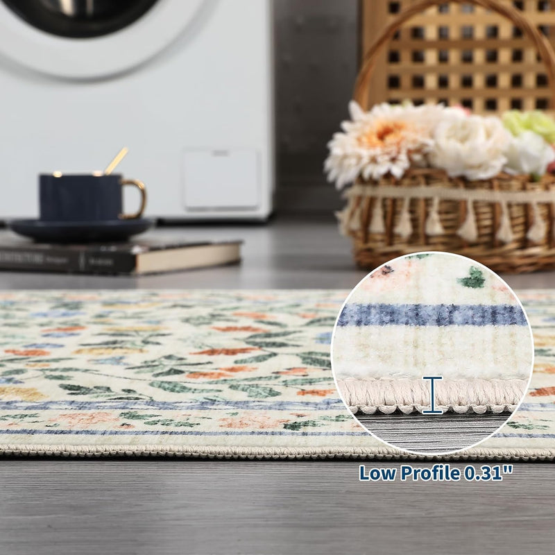 Living Room Rug Floral Washable Low