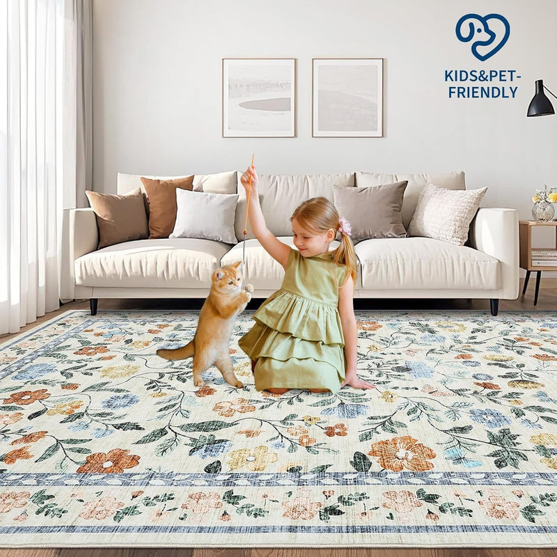 Living Room Rug Floral Washable Low