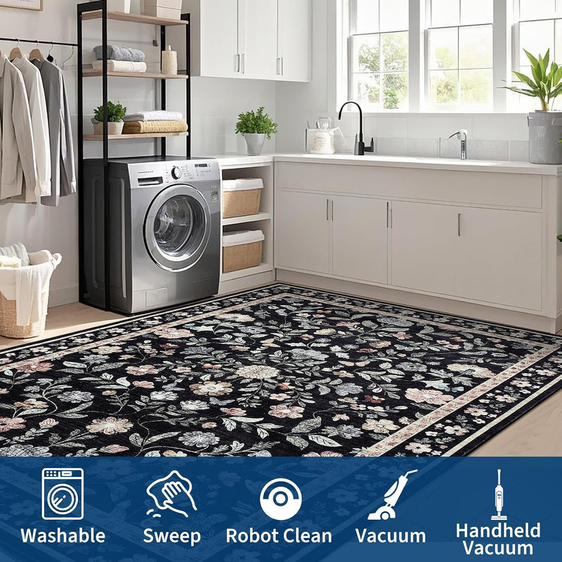 Living Room Rug Floral Washable Low