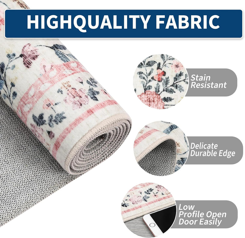 Living Room Rug Floral Washable Low