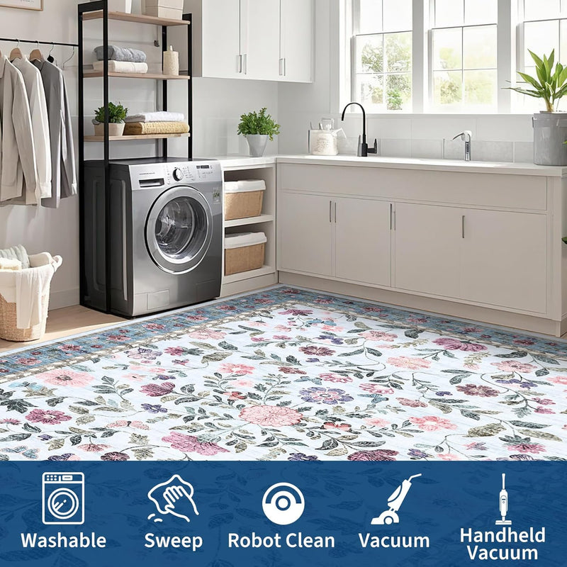 Living Room Rug Floral Washable Low