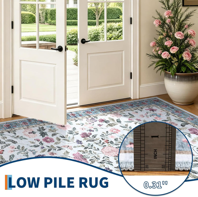 Living Room Rug Floral Washable Low