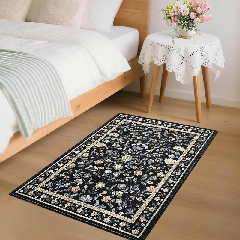 Living Room Rug Floral Washable Low