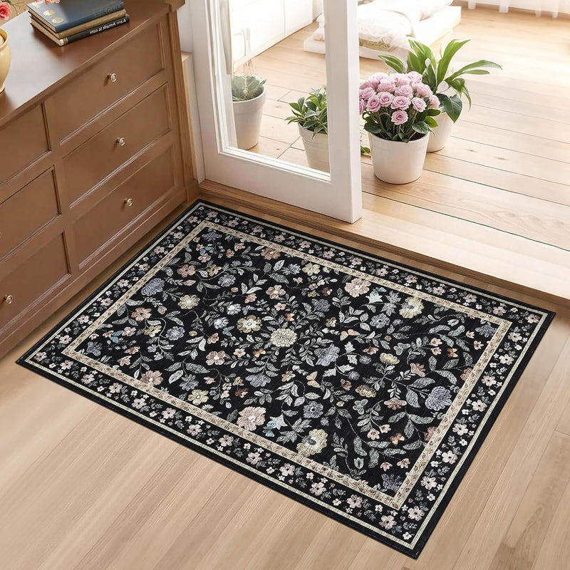 Living Room Rug Floral Washable Low
